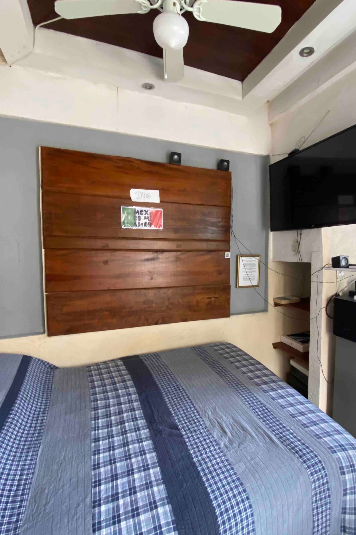 Habitación con cama matrimonial, TV y frigobar 