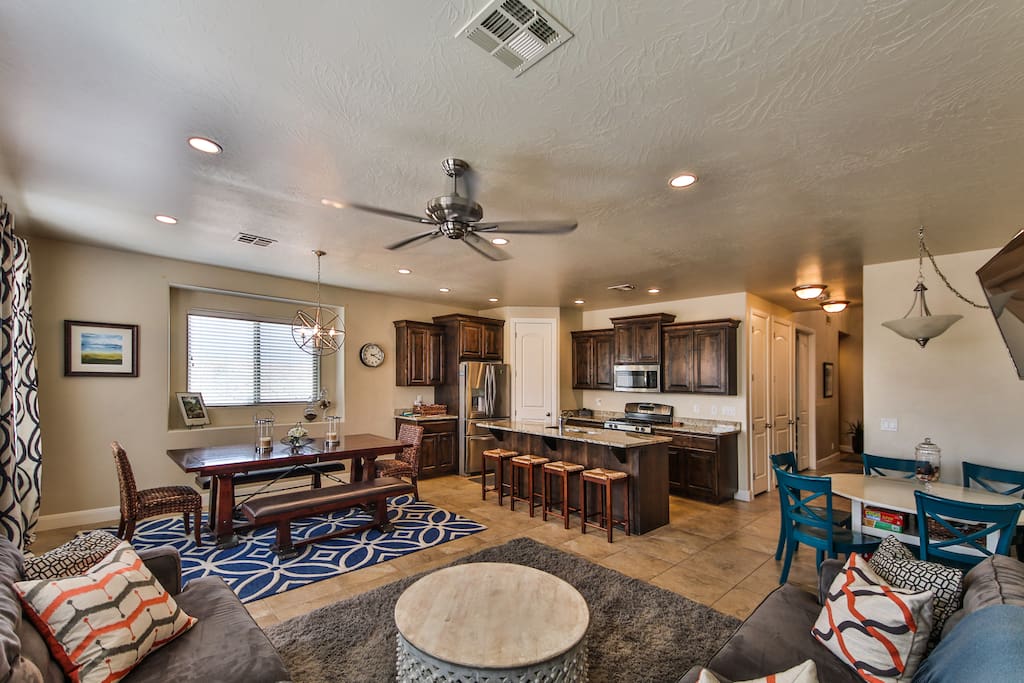 kitchen, living room and dining area