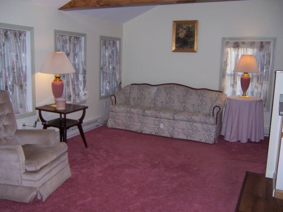spacious living room with cathedral ceiling.