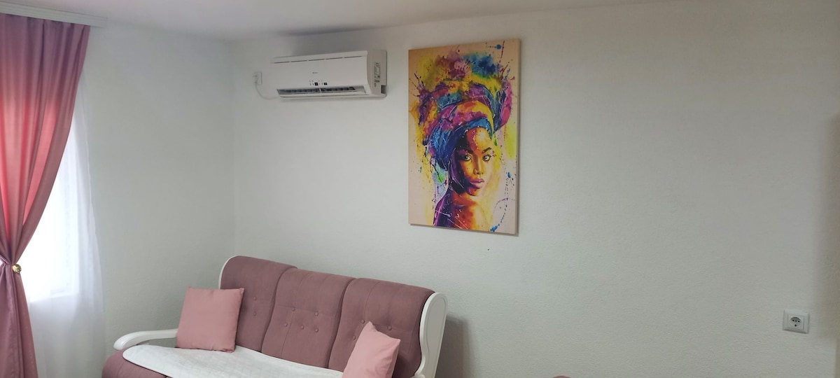 A cozy living area is presented, featuring a stylish pink sofa adorned with two light pink cushions. A colorful abstract artwork is displayed on the wall, complemented by sheer curtains that allow natural light to fill the space. An air conditioning unit is mounted above.
