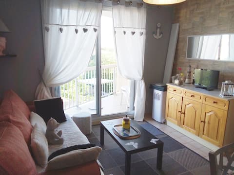 Successful Airbnb property: Air-conditioned studio 200 m from the sea, balcony, private parking in Valras Plage