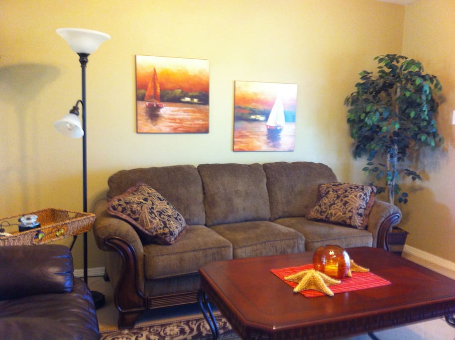 Living area with comfortable furniture, flat screen tv with cable hook up