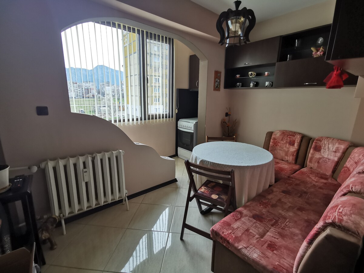 A dining area features a round table set with a tablecloth, surrounded by chairs. A comfortable corner sofa displays neutral tones and is situated against a wall with decorative shelving. Vertical blinds allow natural light to filter in through a window, revealing a view of the outside.