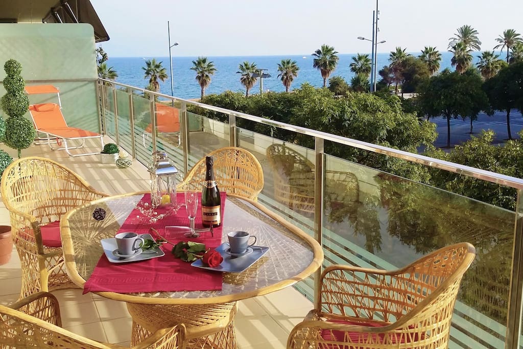 long balcony with fantastic view to the sea and the hills