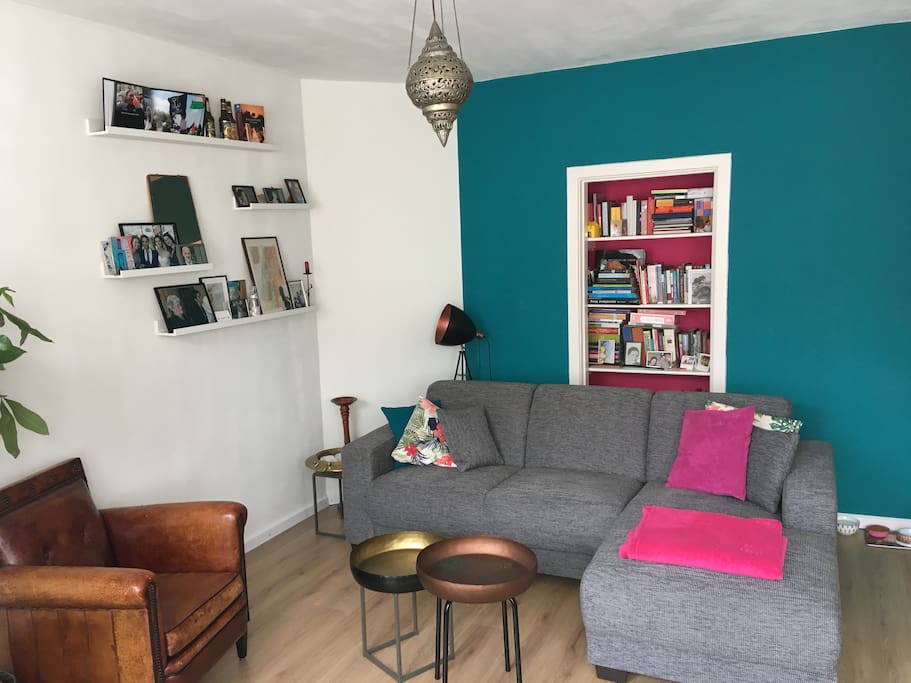 Bright living room with comfortable couch