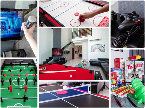XBox,Karaoke,Foosball,PoolTable, IceHockey,B.Games