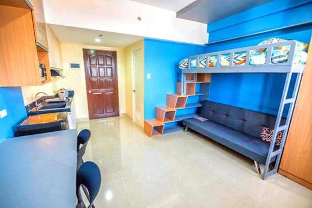 Single loft bed, sofa bed.