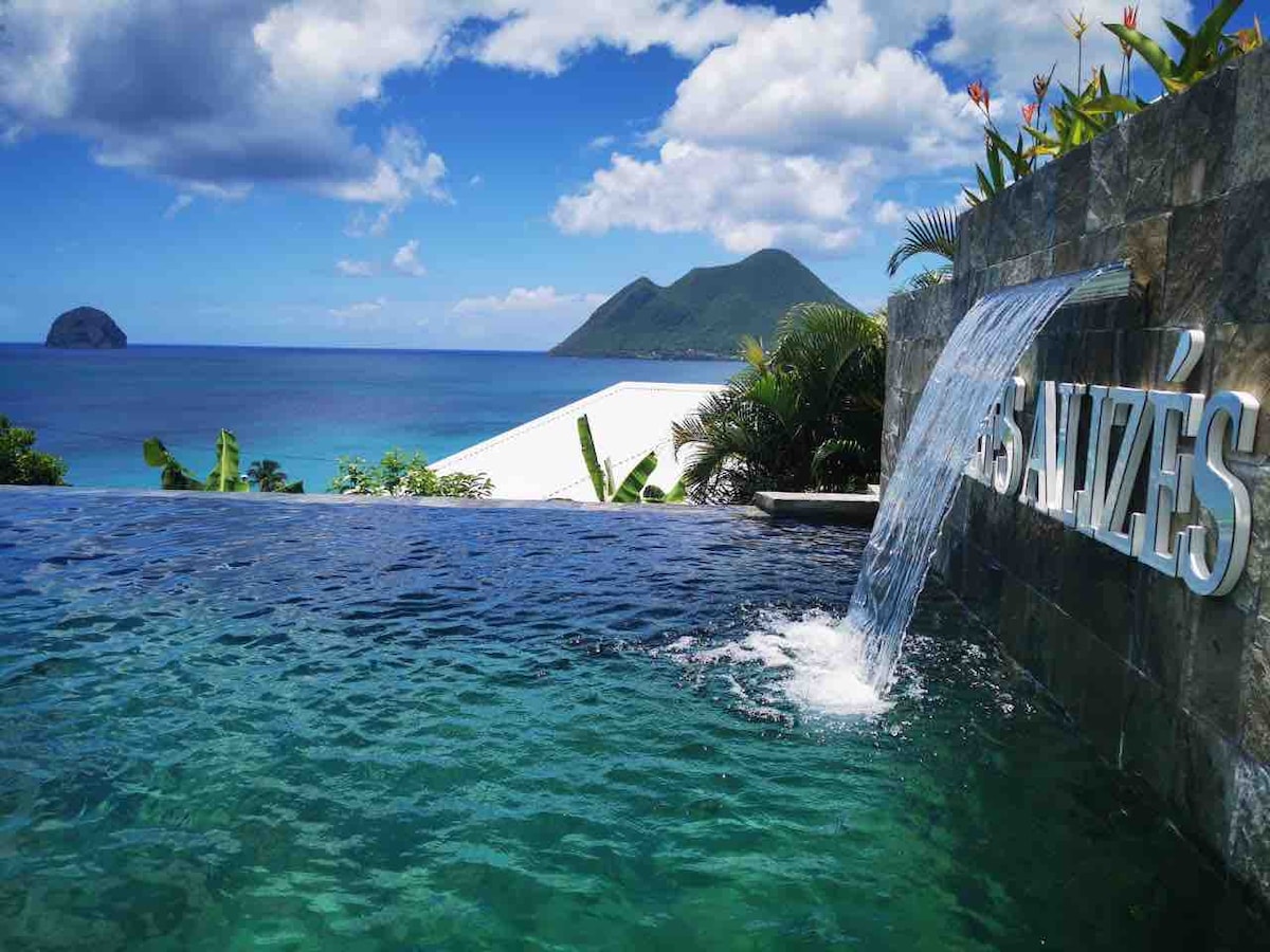 The image showcases a serene infinity pool, with water cascading over a stone wall. A panoramic view of the turquoise ocean and distant mountains is visible in the background, complemented by a bright blue sky with scattered clouds. Lush greenery surrounds the pool area.