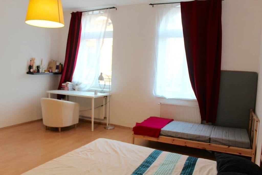 bedroom | desk, single bed and king bed