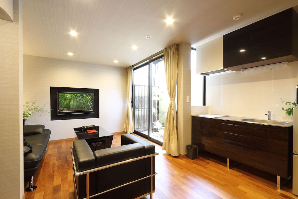 The first floor is modern and comfortable living room and kitchen.