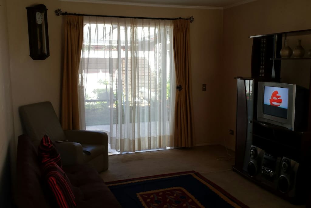 Living con futón, bergere, TV y gran ventana