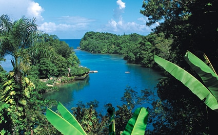A panoramic view of the coastline is captured, featuring lush greenery that frames the waterway. The scene includes a tranquil blue lagoon, dotted with small boats, under a clear sky with scattered clouds. The vibrant foliage adds depth and color to the picturesque landscape.