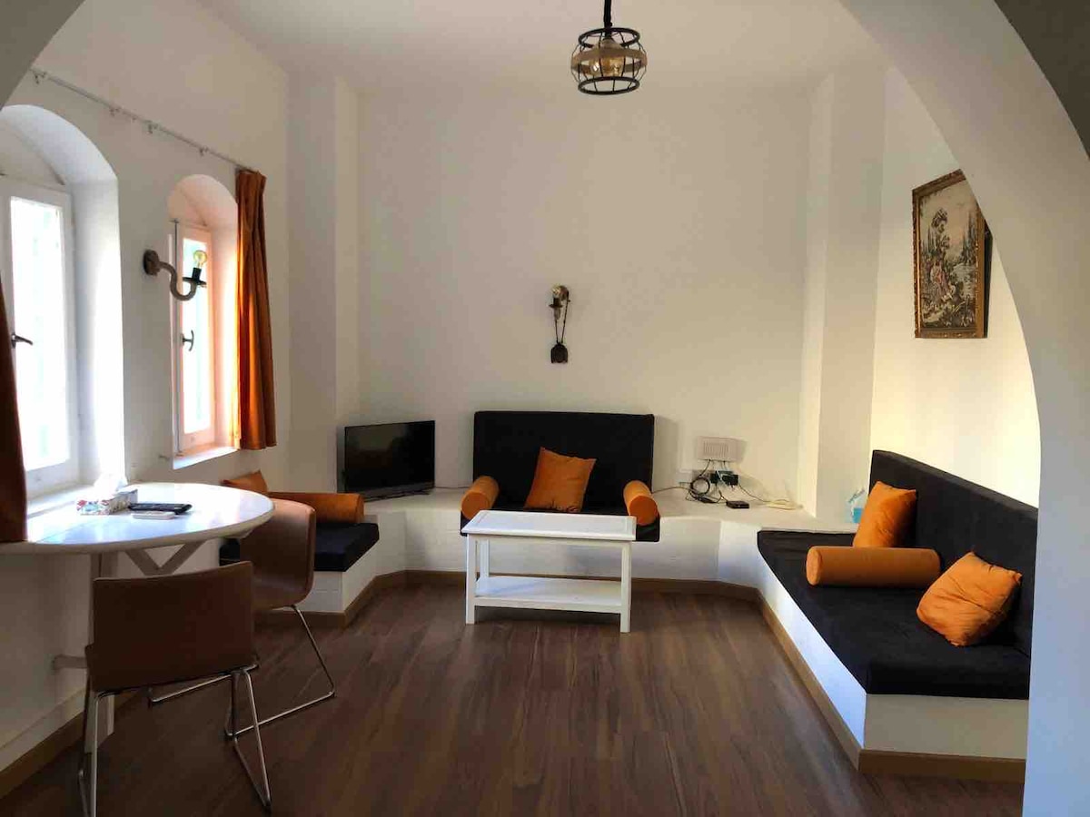 A cozy living area is presented, featuring a circular dining table surrounded by four chairs. Two comfortable sofas, adorned with orange cushions, are positioned against the walls. Natural light enters through multiple window panes, and a small television is mounted nearby.