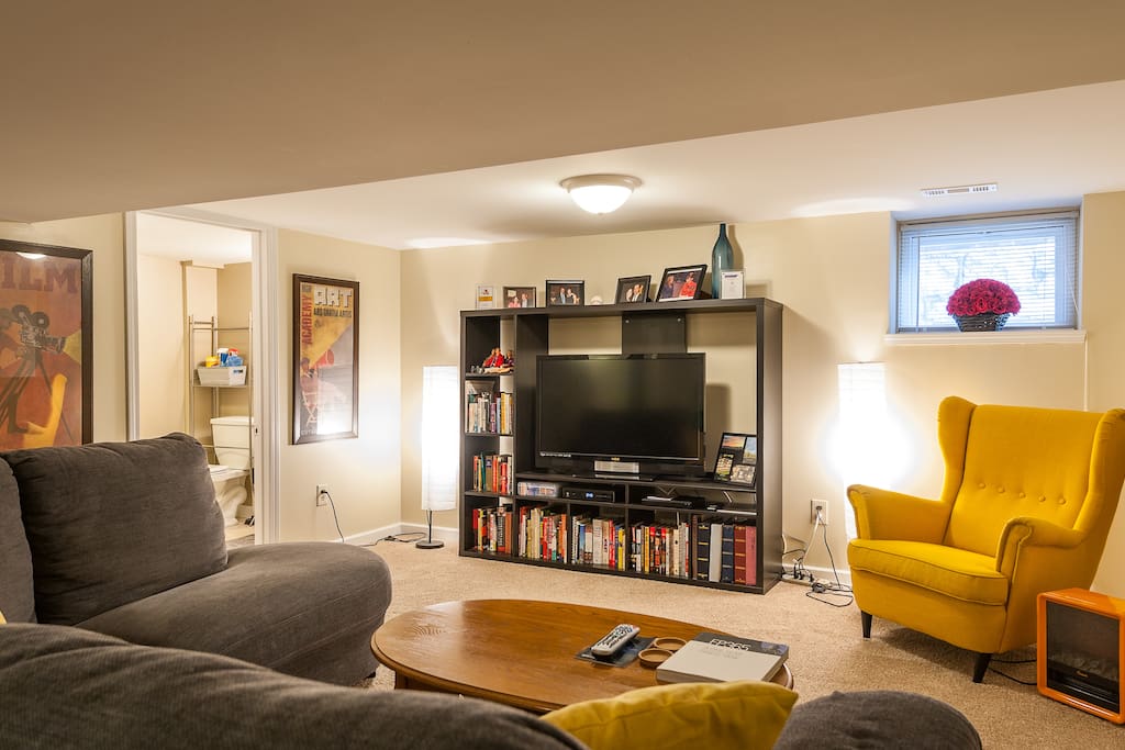 HD TV with cable service including premium channels. TONS of on demand options for both TV and movies for free!