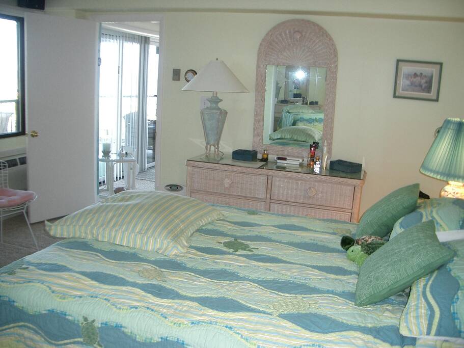 Master bedroom has queen bed with attached full bathroom.