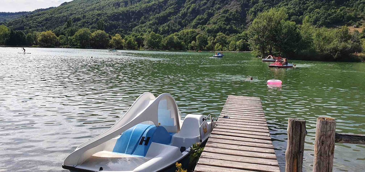 A serene lake scene is depicted with several pedal boats floating on the calm water. A wooden dock extends into the lake, bordered by natural greenery and hills in the background. The area appears inviting for aquatic activities.