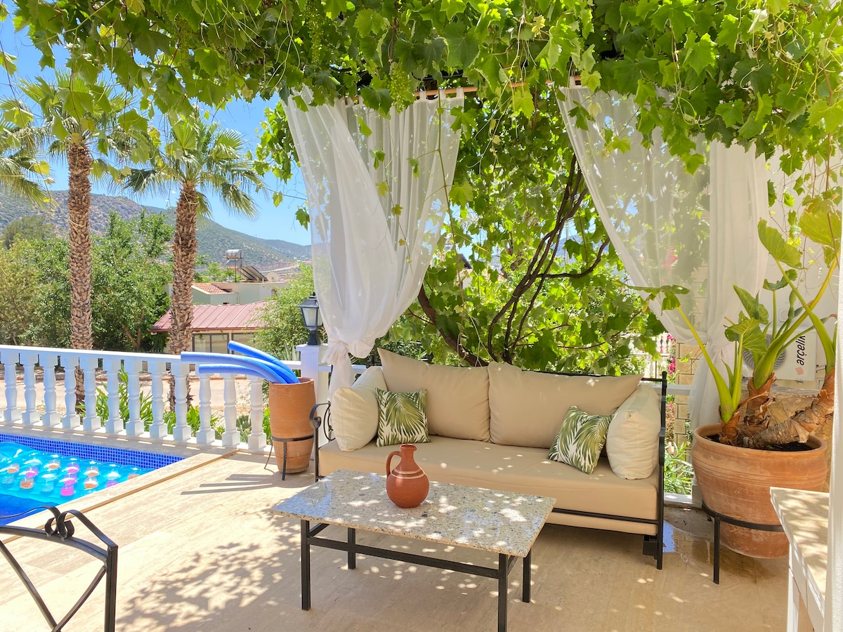 A comfortable seating area is nestled under a leafy canopy, featuring a neutral-toned sofa adorned with decorative cushions. A marble top table sits in front, while lush greenery and a private pool are visible in the background, enhancing the outdoor space.