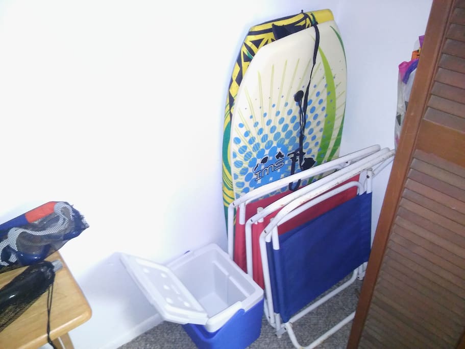 Two Boogie Boards, Beach Chairs and Cooler