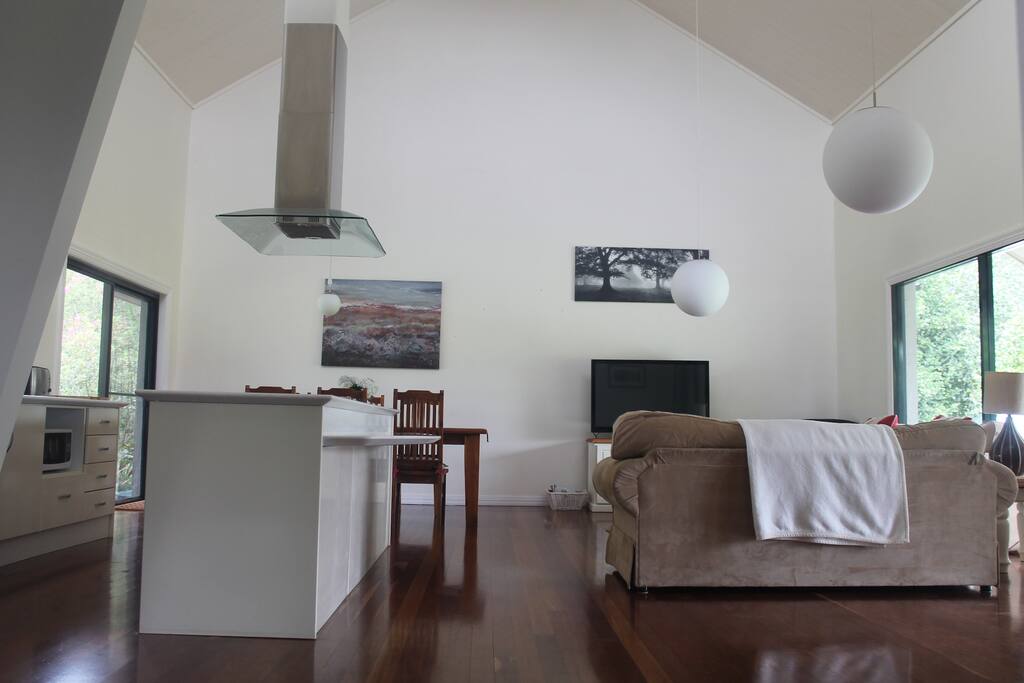 Open plan living with Apex roof and wooden floors