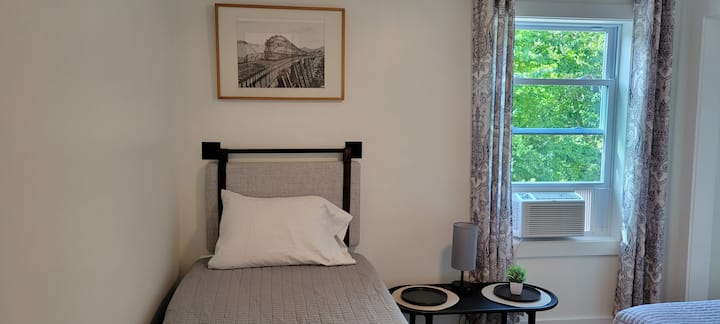 Საძინებელი ტყუპი საწოლის კიდევ ერთი კომპლექტით. Მეხსიერების ქაფის მატრასი.  