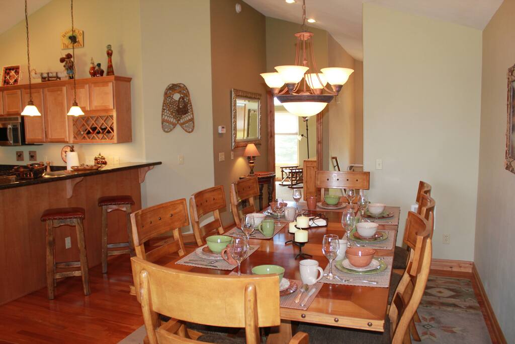 Large table for eight, plus two bar stools