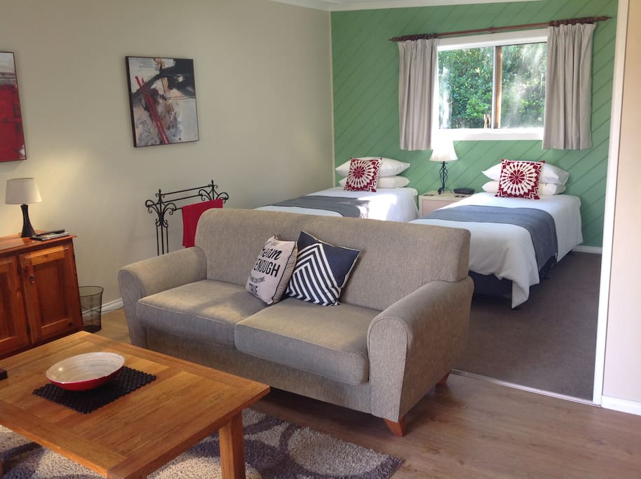 Bedroom set up with twin single beds.