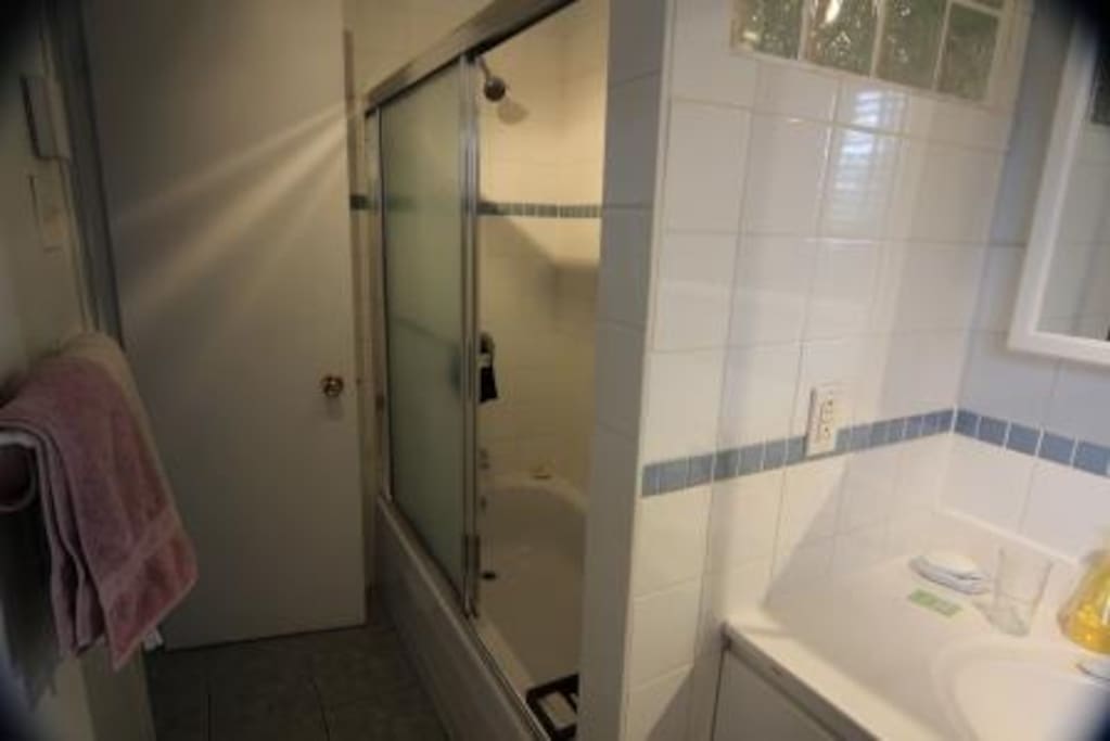 Baignoire avec douche avec le lavabo et son armoire de rangement