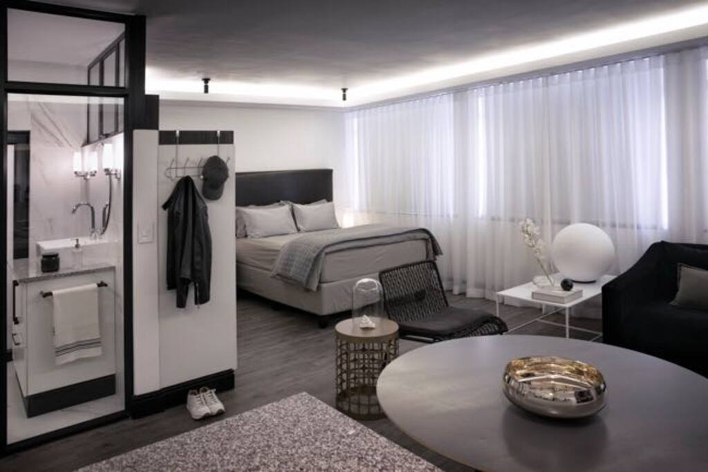 Well-lit studio apartment.
