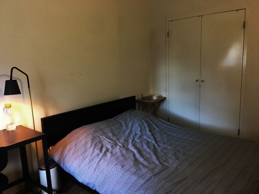 Another view of the bedroom, complete with a closet.