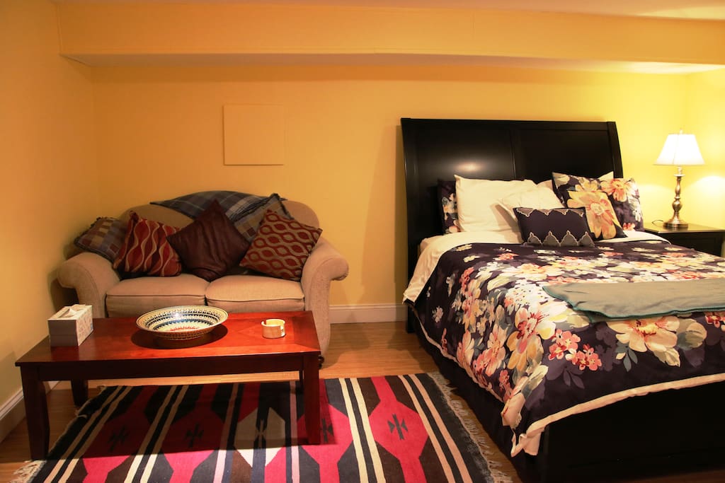 Couch, coffee table and bed