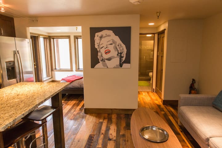 Sakafu mpya za mbao za ghalani na samani za kisasa. 
Angalia mlango ulio upande wa kulia - Ndani ya Ufuaji!