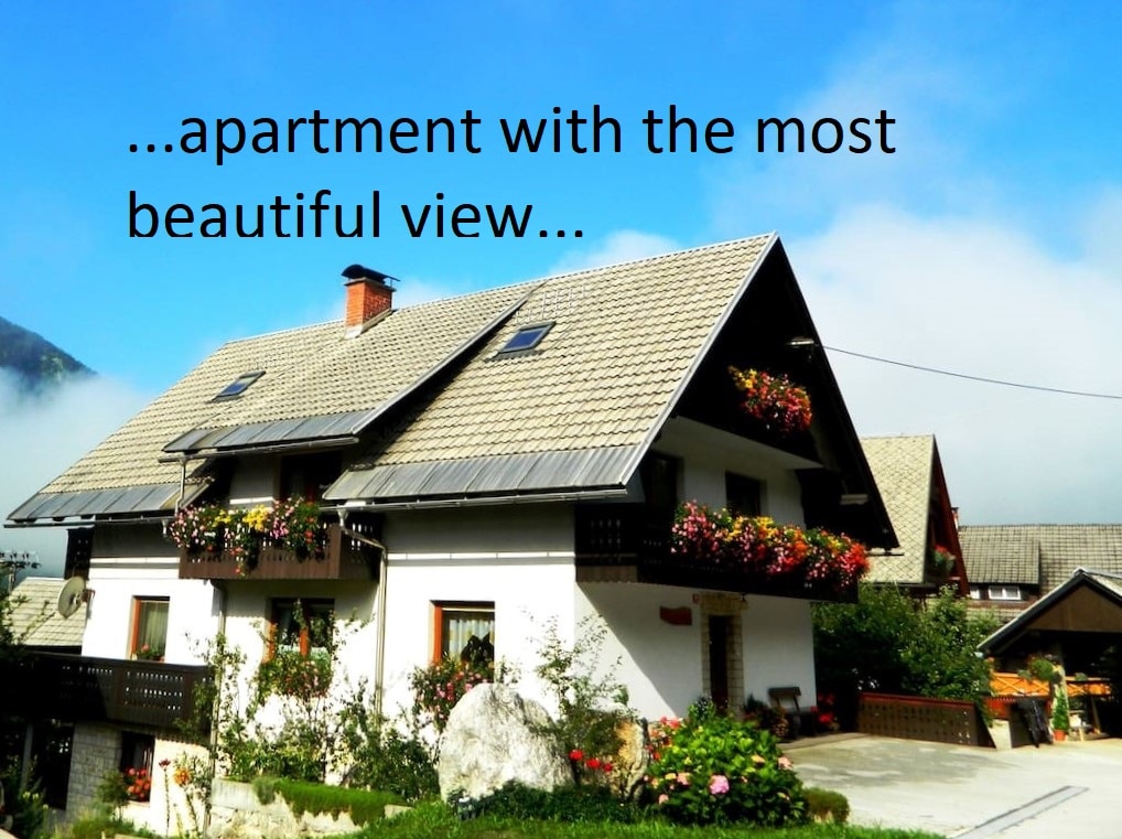 A charming two-story apartment building is depicted, surrounded by lush greenery. Balcony railings adorned with vibrant flowers enhance the exterior, while the roof features multiple skylights. A clear sky with soft clouds provides a serene backdrop, suggesting a peaceful atmosphere in the alpine setting.