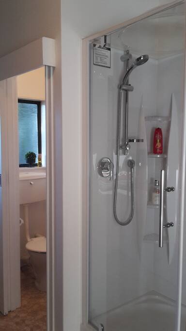 Shower, toilet/laundry area.