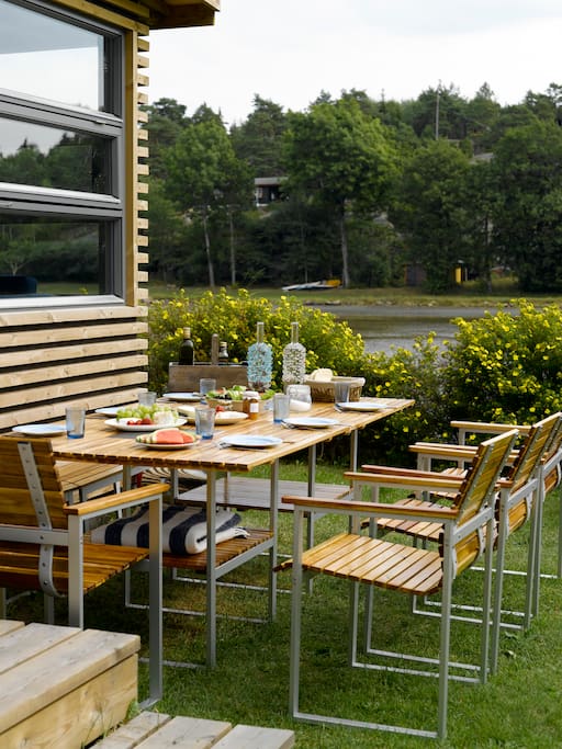 outside for all meals, by the sea