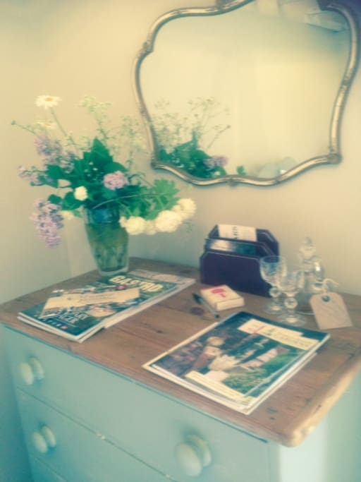 flowers in bedroom, magazines, books, chocolates and a welcome sherry!..