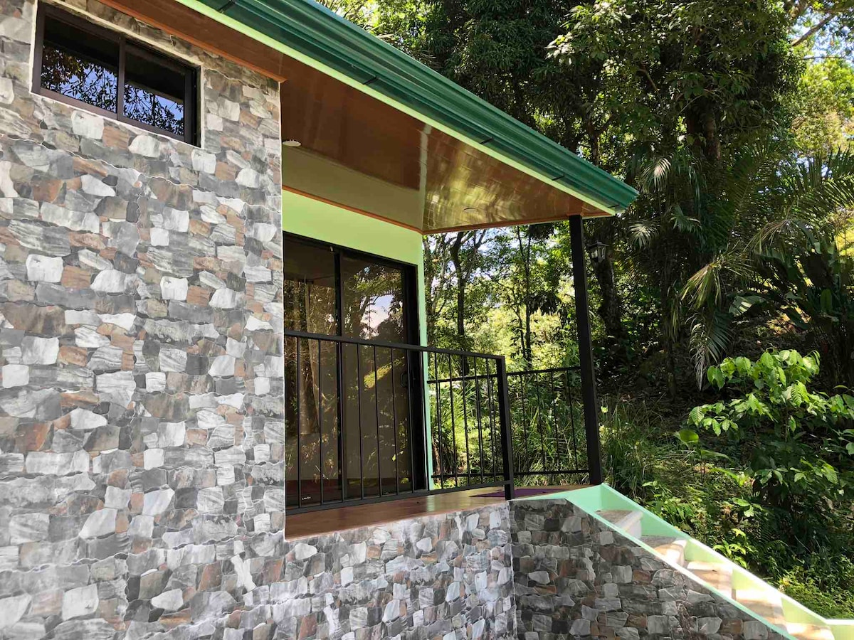 A modern tiny apartment features a stone exterior with large glass windows, providing ample natural light. A small covered balcony with a railing overlooks the lush surrounding forest. Stairs lead up to the entrance, blending the build seamlessly with the natural landscape.