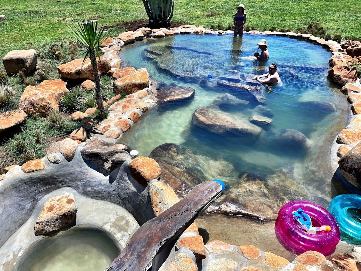 A natural swimming pool is surrounded by smooth stones and lush greenery. Two people are seen floating in the water, enjoying the refreshing environment. Colorful inflatable rings rest on the water's surface, adding a playful touch to the serene setting.