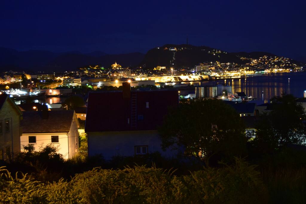 View of the city from the balcony by night.