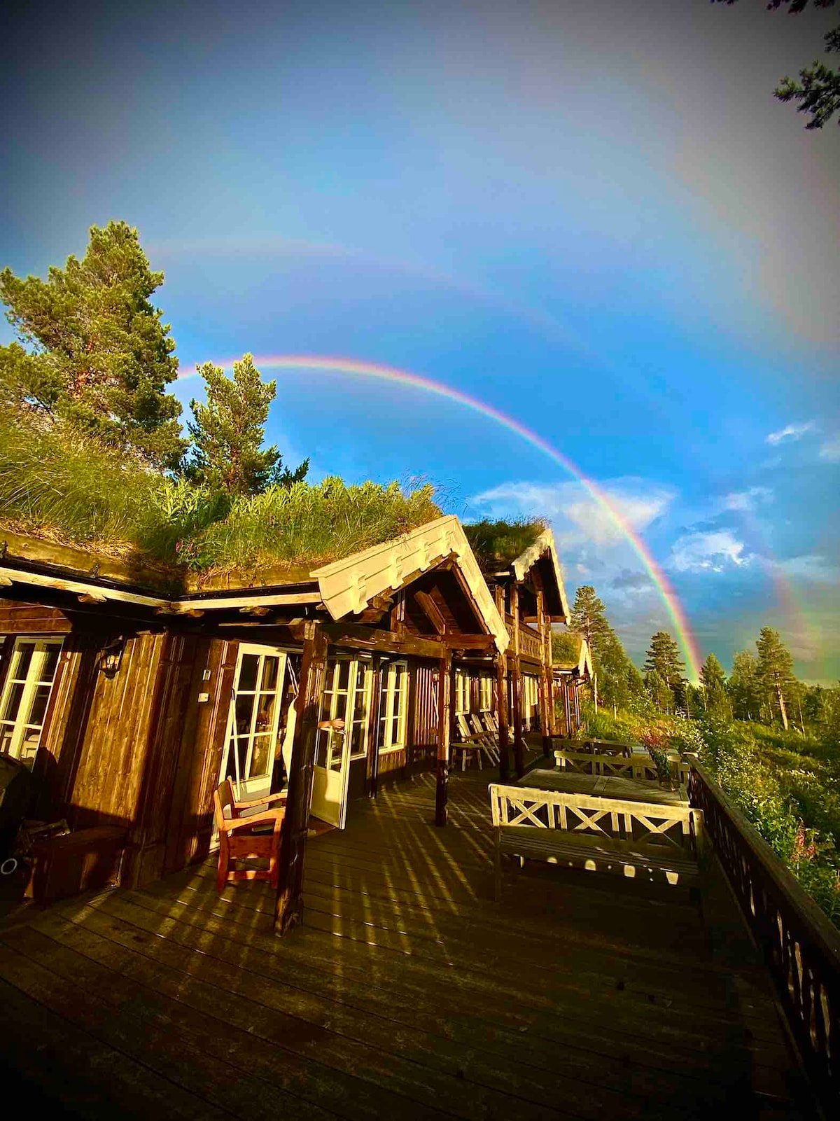 A scenic view of a wooden cabin with a thatched roof is captured under a colorful rainbow. The spacious deck, bordered by railing, offers glimpses of surrounding greenery. Multiple large windows provide plenty of natural light, enhancing the connection to the outdoor landscape.