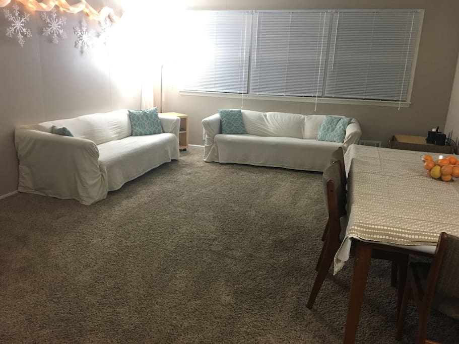 Common space with 2 couches and a dining table.