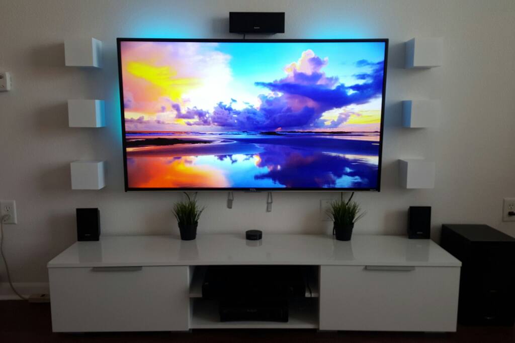 Modern entertainment center with voice control via amazon echo.