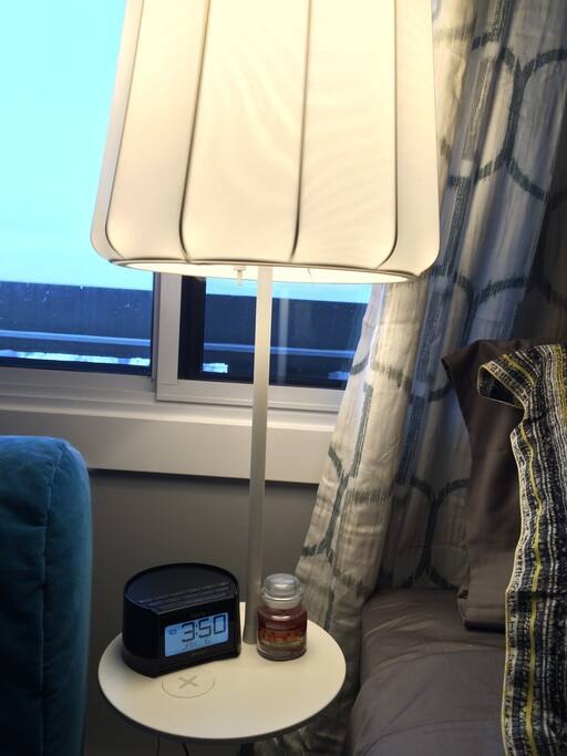 Alarm clock with Bluetooth speaker & USB charger. Lamp also has a USB port.