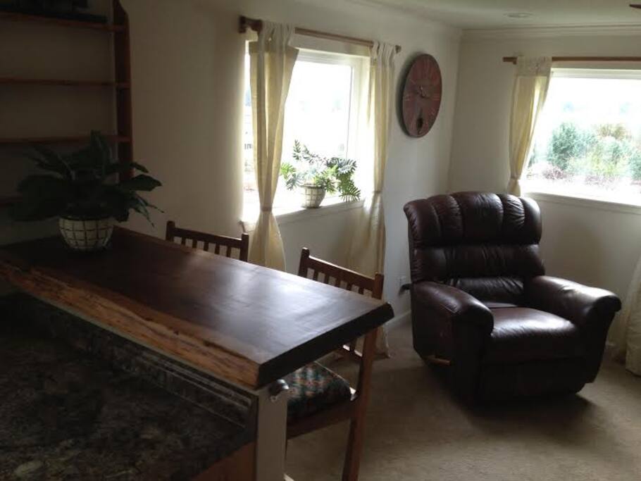 Redwood slab bar inside and a HUGE, comfy Lazyboy chair