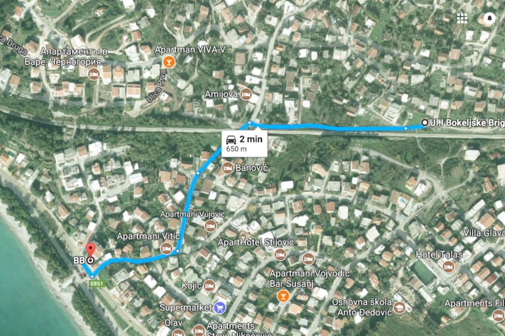 Direction from main international road to apartment in Susanj