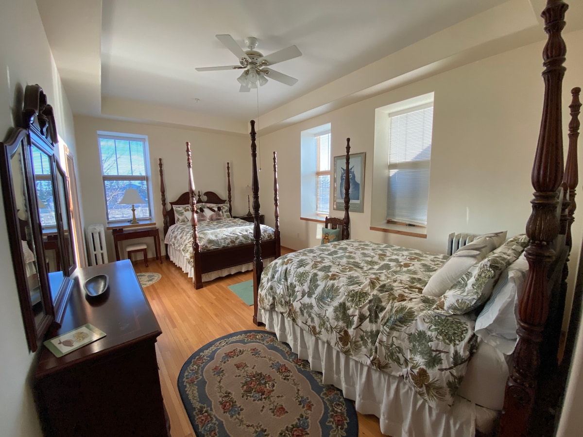 A spacious room features two ornate four-poster beds, each draped in floral bedding. Two windows allow natural light to illuminate the space, with a decorative rug centered on the hardwood floor. A vintage dresser and a bedside lamp provide functional decor.