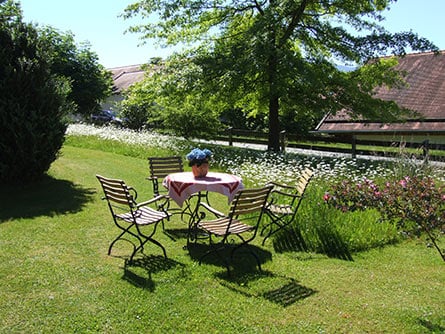 An outdoor seating area is depicted, featuring a round table set with a floral centerpiece. Surrounding the table are four metal chairs, positioned on a well-maintained lawn. Lush greenery and blooming flowers create a picturesque backdrop, with sunlight casting soft shadows across the scene.