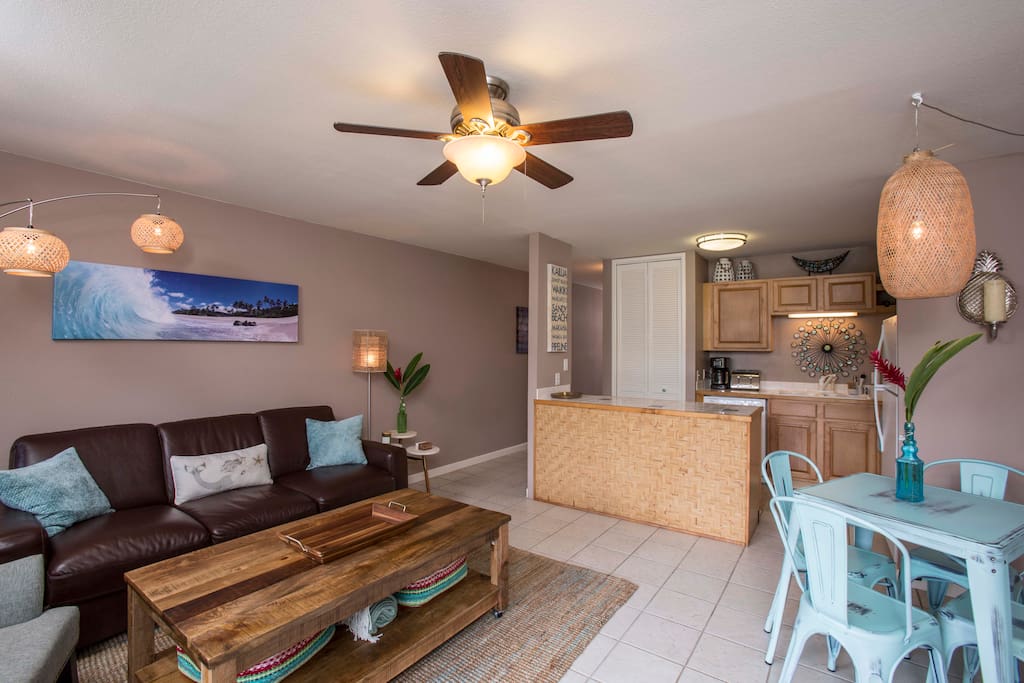 Living room and fully stocked kitchen