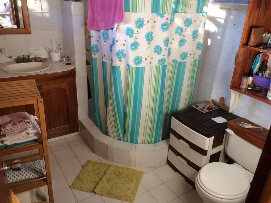 Bathroom with hot water and shelfs.