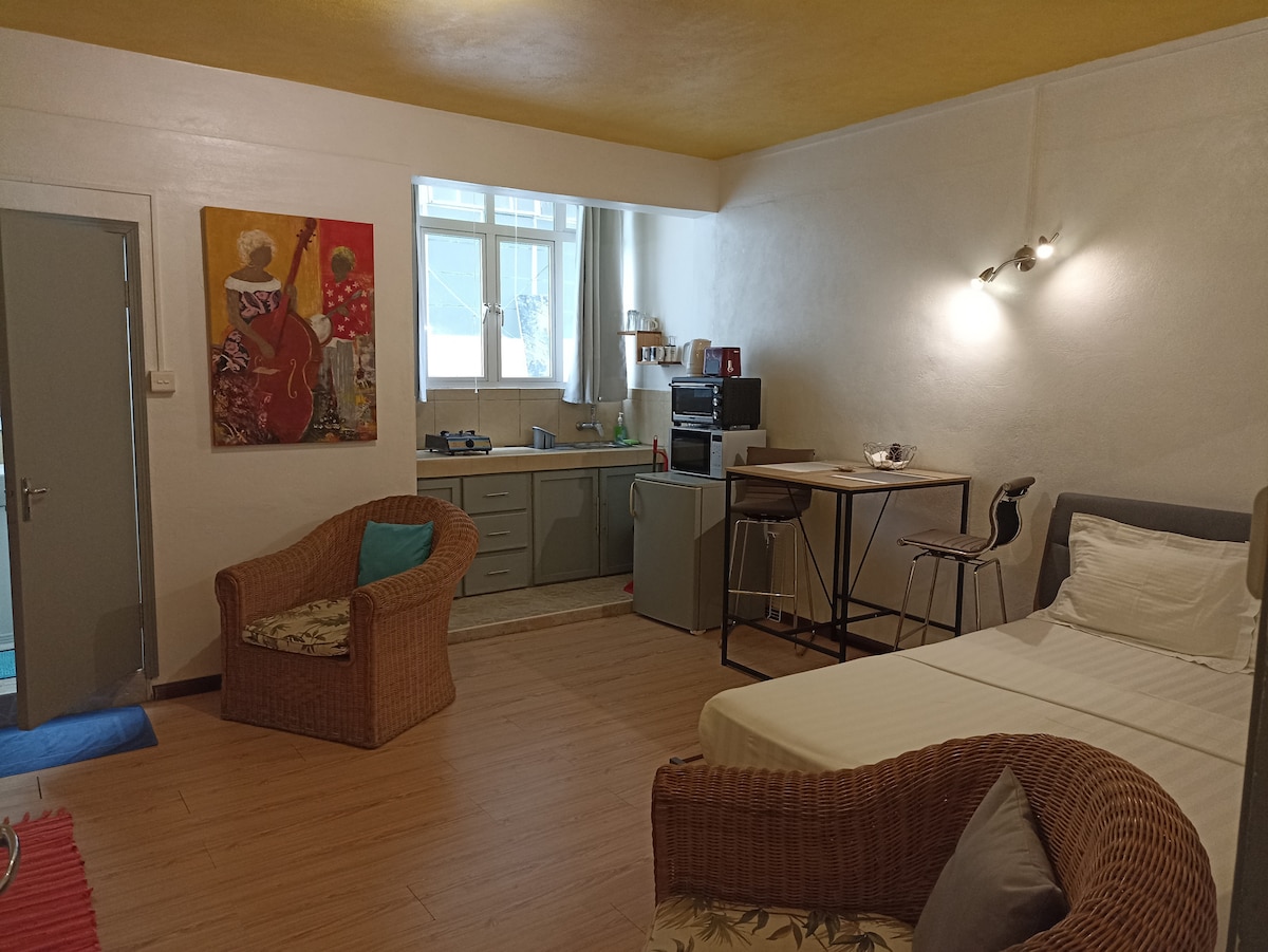 A cozy studio apartment features a comfortable sleeping area and a small dining setup. Natural light fills the space through a large window, illuminating the light-colored walls. Two woven chairs provide seating, and kitchen amenities are visible in the background.