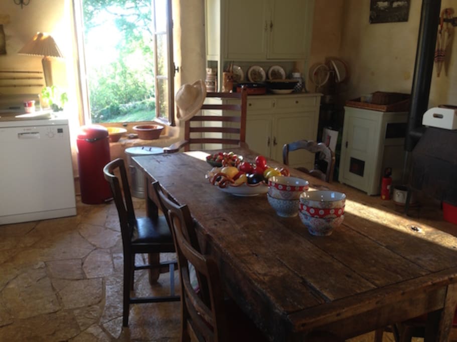 Fazende kitchen with gas cooker and wood burning stove